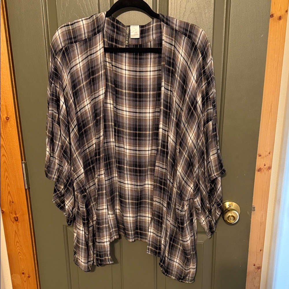 Plaid Open-Front Kimono Cardigan